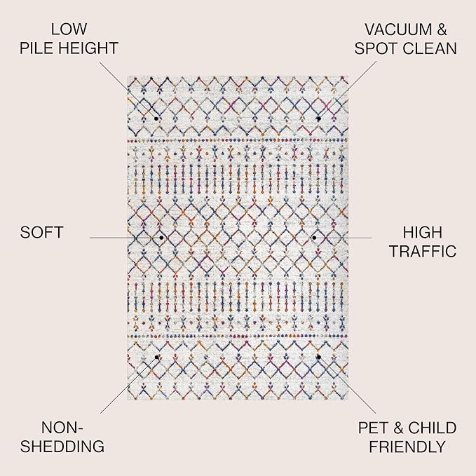 JONATHAN Y Boho Vintage Diamond Cream/Multi Indoor Area Rug 5X8 ft, Moroccan Hype for Living Room, Bedroom, Kitchen, Office, Easy-Cleaning, High Traffic, Pet-Friendly, Non-Shedding (MOH101H-5)