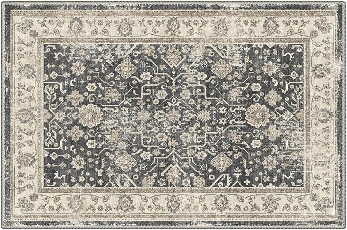 Bavni 2x3 Doormat, Machine Washable Runner Rug Non Slip, Vintage Floral Oriental Floral Rugs for Entrance, Lightweight Low Pile Carpet for Hallways Kitchen and Corridor, Dusty Charcoal