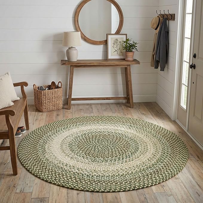 Super Area Rugs Braided Rugs Round 4ft Farmhouse Kitchen Rug - Ridgewood Braided Rug for Dining Room Table - Reversible - Indoor/Outdoor - Made in USA - Forest Green/Beige, 4' Round