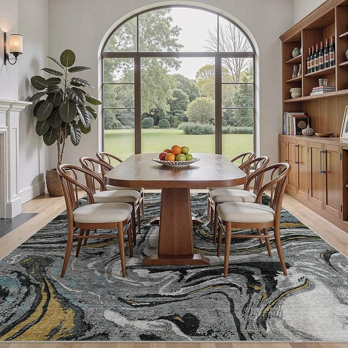 DMOYEST 8x10 Area Rug for Living Room - Washable Neutral Modern Abstract Rugs Soft Non-Slip Carpet Low Pile Indoor Floor Mat for Bedroom & Dining Room Decor for Families with Kid and Pet-Black Golden