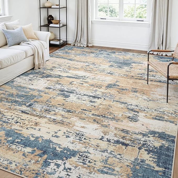 Area Rugs 6x9 Living Room: Large Soft Washable Rug Modern Abstract Anti-Skid Non-Shedding Carpet Indoor Floor Thin Carpets for Bedroom Dining Room Farmhouse Nursery Home Office Brown Blue