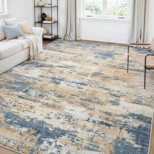 Area Rugs 6x9 Living Room: Large Soft Washable Rug Modern Abstract Anti-Skid Non-Shedding Carpet Indoor Floor Thin Carpets for Bedroom Dining Room Farmhouse Nursery Home Office Brown Blue