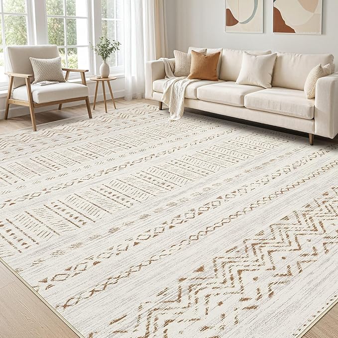cotiled 10x12 Area Rugs Living Room Rug: Washable Boho Rugs with Non Slip Backing Large Soft Indoor Stain Resistant Carpet for Bedroom Farmhouse Dining Room Lightweight Home Decor Brown/Cream