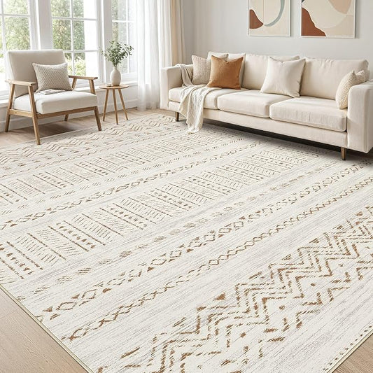 cotiled 9x12 Area Rugs Living Room Rug: Washable Boho Rugs with Non Slip Backing Large Soft Indoor Stain Resistant Carpet for Bedroom Farmhouse Dining Room Lightweight Home Decor Brown/Cream