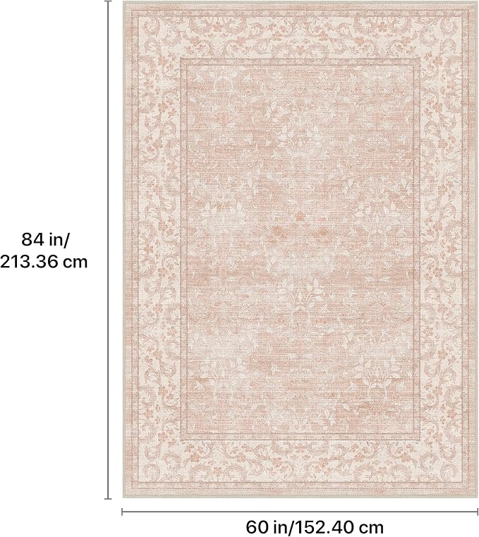 GENIMO 5x7 Washable Area Rugs for Living Room, Non Slip, Pink White | Vintage Boho Floral Low Pile Thin Carpet for Bedroom, Dining Room, Nursery, Indoor Decor