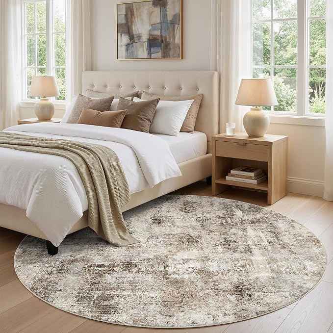WITSHOCK Area Rugs 6ft Round Living Room Rug - Washable Neutral Soft Low Pile Non-Slip Modern Abstract Thin Large Indoor Carpet for Bedroom Dining Room Nursery Office - Dark Brown