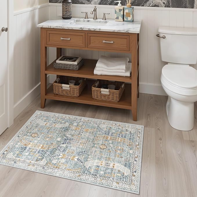Madane Washable Area Rug 2x3 Small Entryway Rugs Non-Slip, Blue/Gold | Vintage Stain-Resistant Door Mat Indoor Entrance, Low Pile Floor Carpet for Inside Front Bedroom Kitchen Entry Laundry, Stair