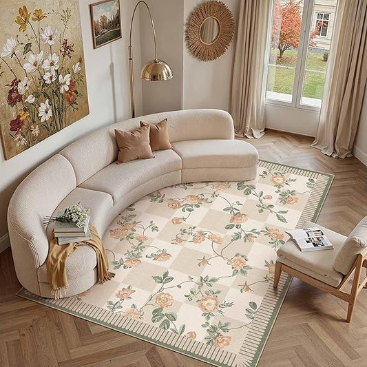 HUGEAR 6x9 Checkered Area Rugs Machine Washable Beige Living Room Rug Floral Print Non-Slip Stain Resistant Low Pile Indoor Throw Carpet for Bedroom Home Unique Aesthetic Modern Decor