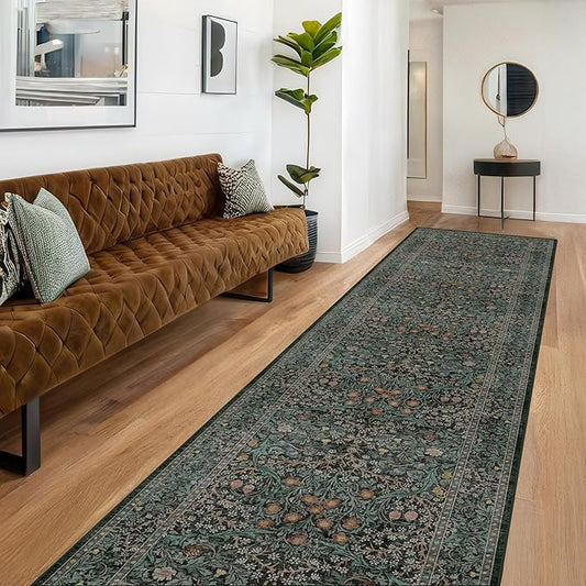 Dark Green Washable 3x12 Extra Long Runner Rug for Hallway Non Slip, Large Kitchen Indoor Floor Rugs for Entryway Hall Way Bedroom, Soft Stain Resistant Low Pile Vintage Floral Carpet