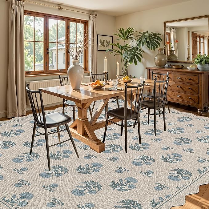 ORTIGIA Scalloped Easy Jute 8x10 Area Rug Vintage Blue Floral Farmhouse Washable Rug Non-Slip Indoor Outdoor Carpet for Living Room Bedroom Patio Entryway