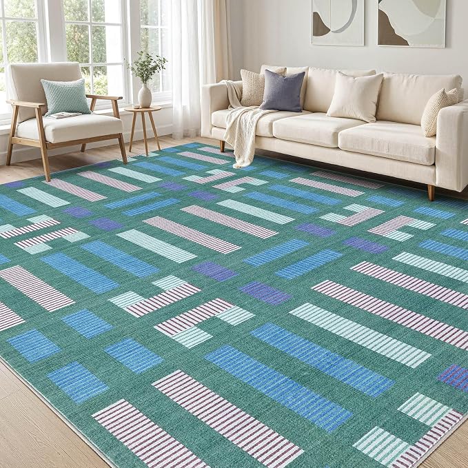 cotiled 10x14 Area Rugs Living Room Rug: Washable Boho Rugs with Non Slip Backing Large Soft Indoor Stain Resistant Carpet for Bedroom Farmhouse Dining Room Lightweight Home Decor Green