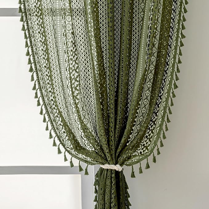 WAZZIO Boho Lace Curtains 84 Inches 2 Panel,Light Filtering Privacy Tassel & Geometry Crochet Semi Sheer Curtain Drapes for Bedroom Living Dining Room,Rod Pocket & Tassel,Olive Green