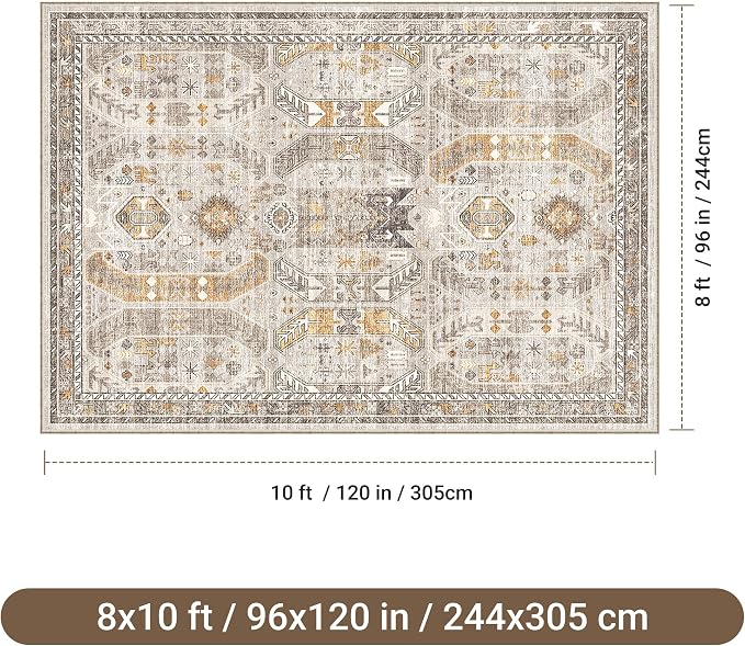 befbee Washable Rug 8x10 Area Rugs for Living Room - Stain Resistant Non-Slip Backing Rugs for Bedroom,Ultra-Thin Vintage Large Area Rug (Brown/Gold, 8'x10')