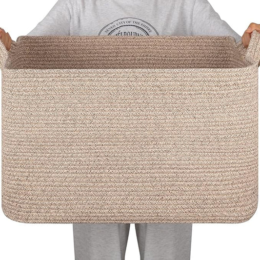 95L Cotton Rope Large Blanket Basket (24" x 16.9" x 14.2") for Living Room, Kids Room & Laundry, Storage Basket with Handle for Organizing Blankets, Pillows, Clothes & Toys, Brown