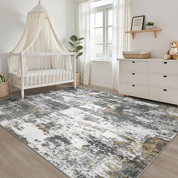 6x9 Area Rugs Living Room: Washable Large Neutral Rug Abstract Soft Modern Stain Resistant Indoor Floor Non-Slip Carpet for Bedroom Nursery Kids Office Playroom Dining Room- Black White Gold