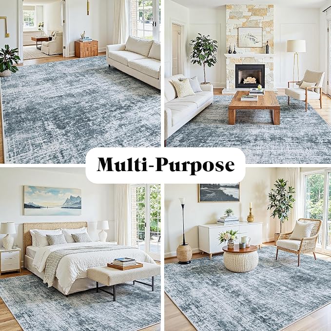 10x12 Area Rugs Washable Rug: Anti-Skid Abstract Modern Living Room Rug Soft Thin Carpets Indoor Floor Non-Shedding Carpet for Bedroom Dining Nursery Home Office (Light Slate Blue/White,10'x12')