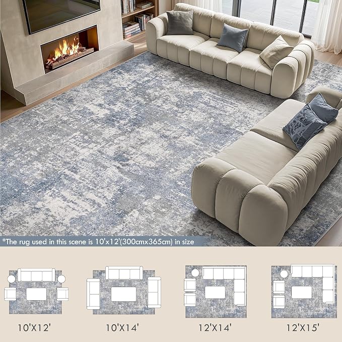 Tortania Washable 10x12 Area Rug for Living Room: Modern Abstract Neutral Large Soft Thin Rugs - Non Slip Indoor Carpet for Bedroom Dining Room Office Nursery Home Floor Decoration - Blue Grey