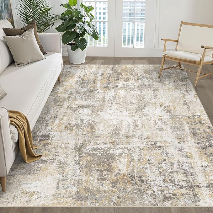 5x7 Area Rugs Living Room: Washable Large Neutral Gray Gold Rug Abstract Soft Modern Stain Resistant Indoor Floor Non-Slip Carpet for Bedroom Nursery Kids Office Playroom Dining Room Under Table Home