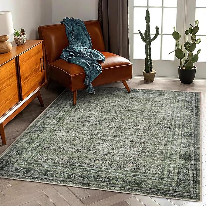 CHAMPLANT Area Rug 6'x9' Washable Vintage Traditional Floor Cover Thin Retro Kitchen Indoor Distressed Non Slip Carpet for Living Room Bedroom Dining Room