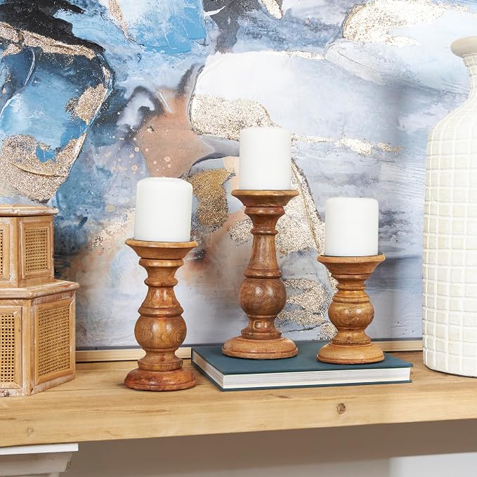 Deco 79 Mango Wood Candle Holders, Set of 3, 10", 8", 6"H, Brown | Decorative turned style pillar candle stand, candlestick holder