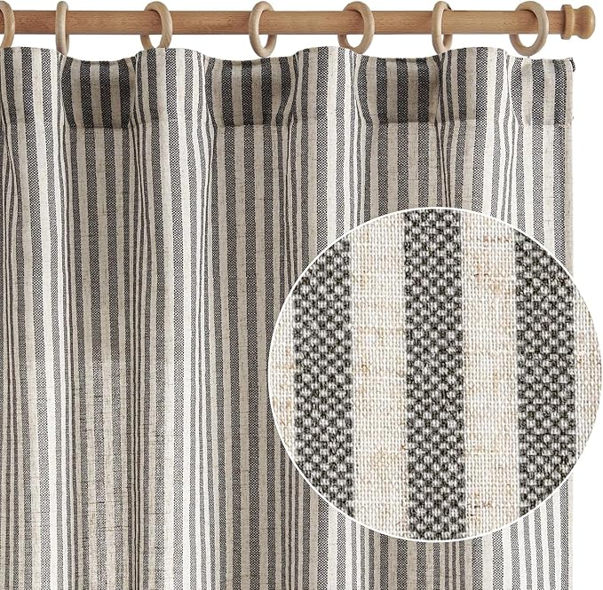 jinchan Linen Curtains 84 Inch Black Stripe on Beige Back Tab 4 Panels | Curtains For Living Room Bedroom,Ticking Stripe Pattern, Farmhouse Cottage Core Rustic,Window Treatment,Light Filtering