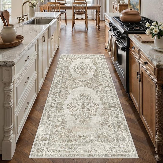 PureCozy 2x4 Runner Rug Beige Washable Hallway Kitchen Bedroom Vintage Distressed Bathroom Non Slip Medallion Floral Carpet Indoor Retro Throw Floor Mat for Office Dining Laundry Living Room