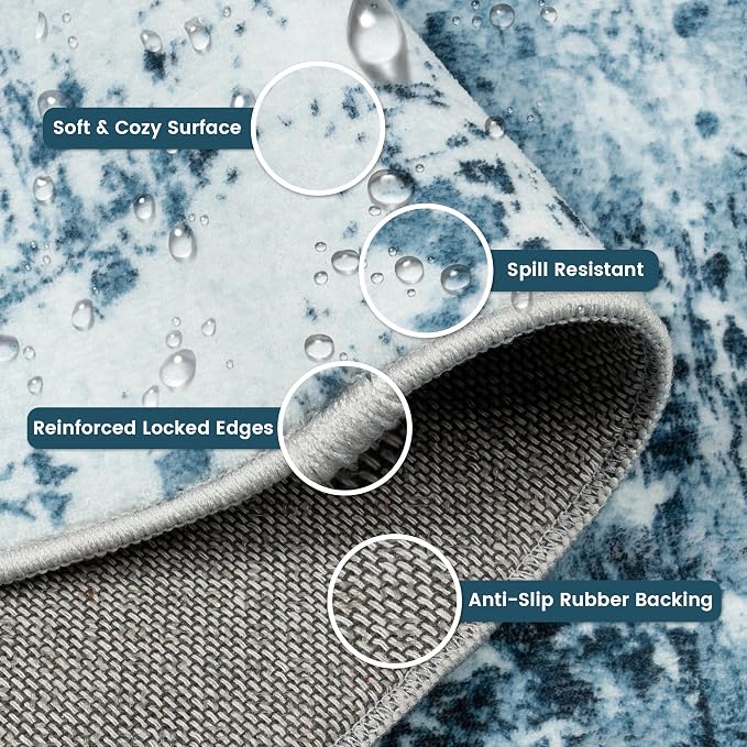 5x7 Rugs for Living Room - Modern Abstract Washable Rug, Ultra Soft Non Slip Low Pile Large Rugs, Floor Carpet for Bedroom Dining Room Office Laundry Nursery Home（Ocean Blue）