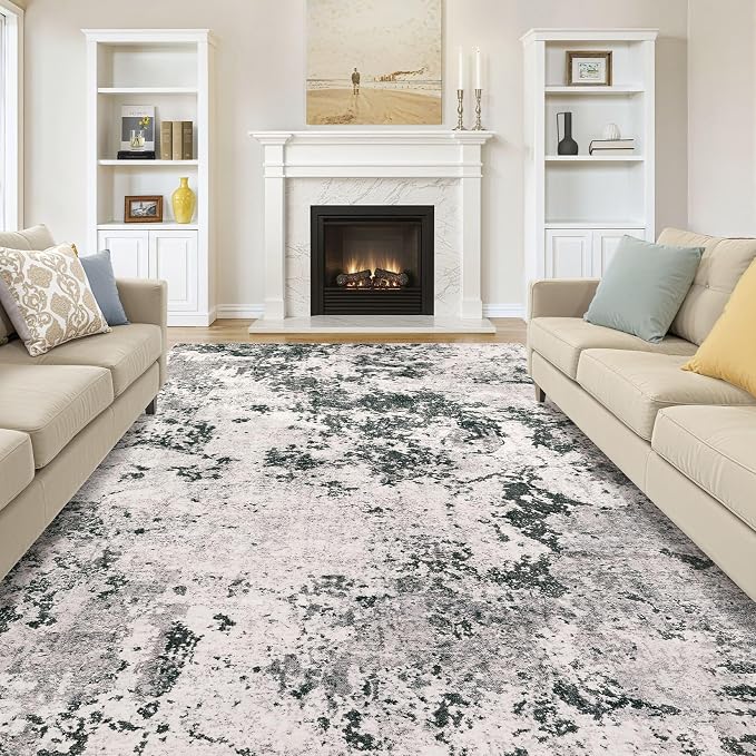 Area Rugs for Living Room: 10x12 Abstract Washable Rug Large Soft Stain Resistant Non-Slip Backing for Bedroom Dining Room Indoor Home Office Carpet for Kids Pet Friendly Families - Dark Grey