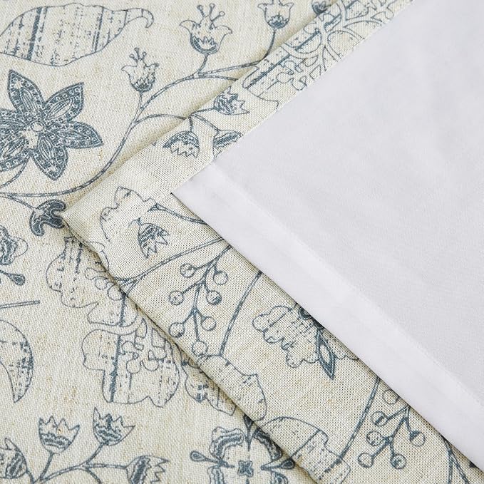Vision Home Pinch Pleated Linen Light Filtering Curtains Blue Leaf Floral Print Window Drapes with Microfiber Liner & Back Tab Hooks for Living Room Bedroom, Farmhouse Cottagecore 40x95 Inch Set of 2