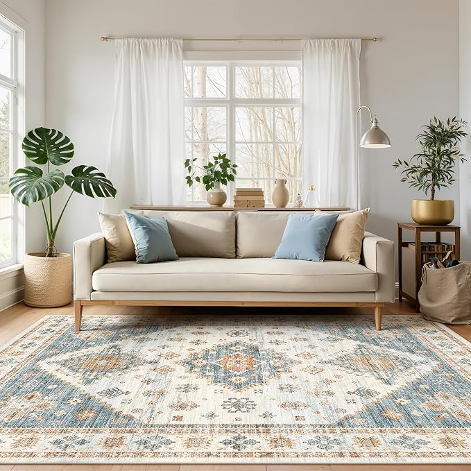 Roxstand Living Room 6x9 Washable Area Rugs, Blue/Beige | Large Area Rug, Non-slip Backing, Super-Soft Floral Vintage, Low Pile, For Living Room, Bedroom, Dining Room, Office