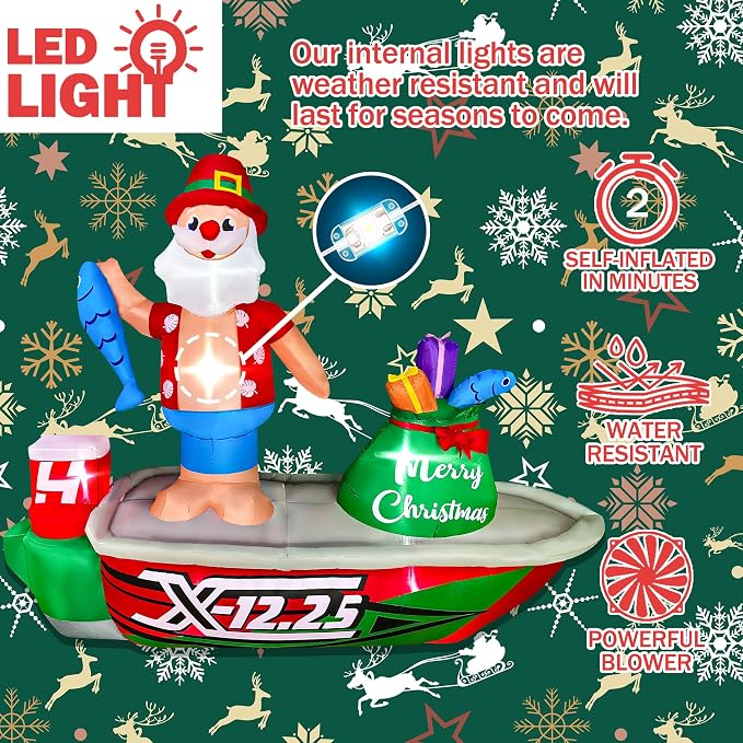 BLOWOUT FUN 8ft Inflatable Christmas Santa Claus Standing on a Fishing Boat with Gift Bag Lighted Blow Up Decortion, LED Blow Up Lighted Decor Indoor Outdoor Holiday Decor