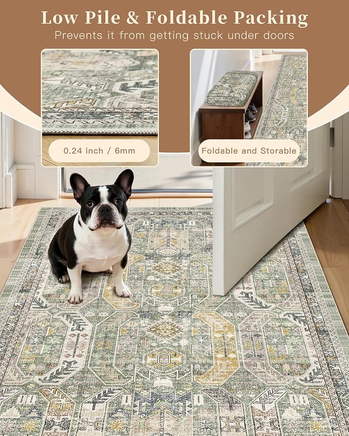 Madane Washable Runner Rugs 2x10 Long for Hallway Kitchen, Green/Gold | Non-Slip Low-Pile 10ft Rug Runners Soft, Stain-Resistant Floor Carpet Mat for Entrance, Living Dining Laundry Room