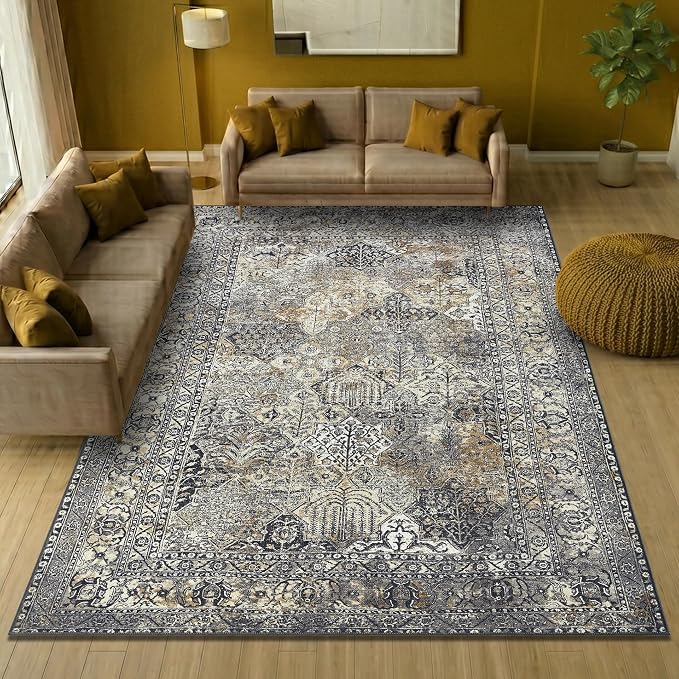 Keen Home Design 8x10 Rug - Machine Washable Area Rug with Non-Slip Backing, Ideal for Living Room, Dining Room, Bedroom - Vintage, Easy Clean, Durable, Low Pile Rug - (8' x 10')