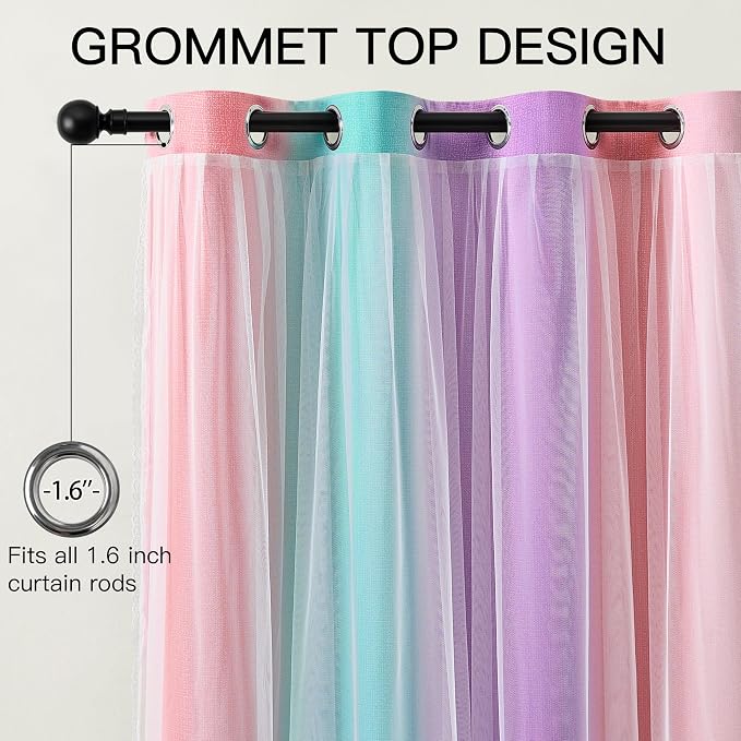 XiDi Double Layer Curtains for Nursery Girls Bedroom 84 Inches Long Full Blackout for Kids Princess Room Colorful Rainbow Design Unicorn Wall Decor Ombre Pink Purple Green Curtains W52 X L84 2 Panels