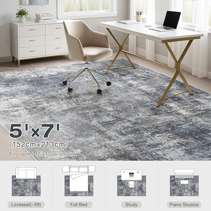 Abstract 5x7 Area Rug: Machine Washable Non Slip Ultra Thin Low-Pile Carpet, Soft Stain Resistant for Living Room Bedroom Nursery, Kid Pet Friendly, Robot Vacuum Compatible - Dark Grey/Blue