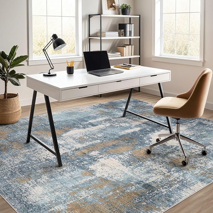 DMOYEST Area Rug Living Room Rugs - 8x10 Washable Large Soft Indoor Neutral Modern Abstract Low Pile Rug Carpet for Bedroom Dining Room Farmhouse Home Office - Blue Brown