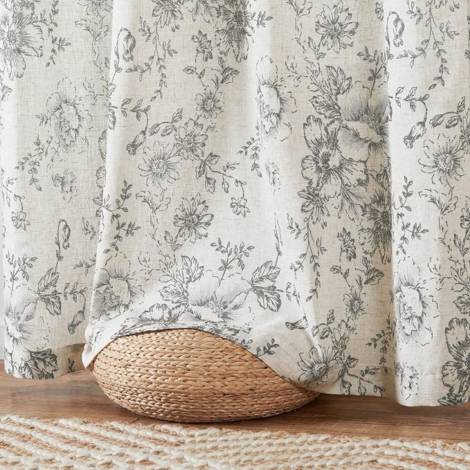 jinchan Linen Blend Curtain Floral Curtains for Living Room 54 Inch Length Grey Printed Curtain Rod Pocket Back Tab Farmhouse Peony Flower Patterned Drapes Bedroom Window Curtains Set 2 Panels