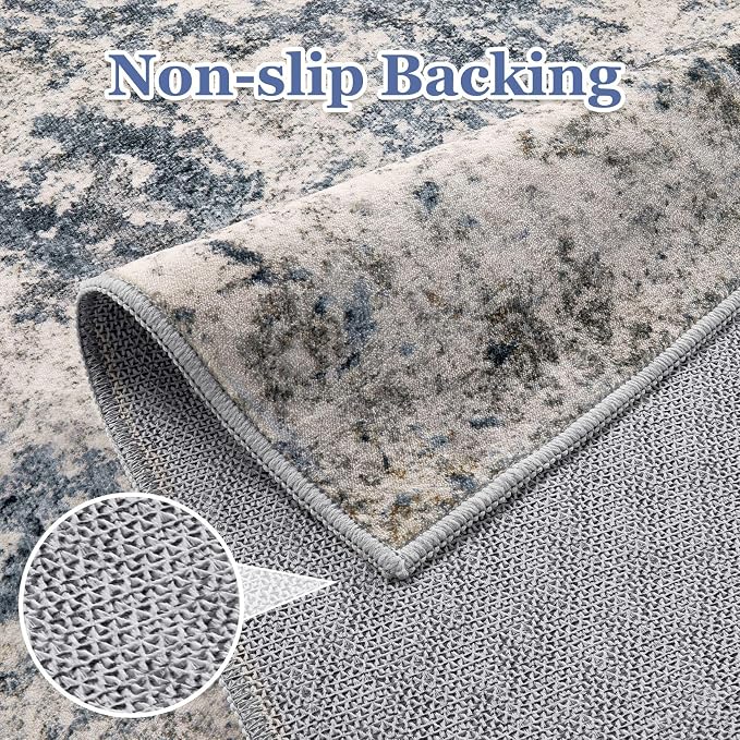 5ft Round Area Rugs for Living Room: 5x5 Abstract Washable Rug Modern Large Soft Stain Resistant Non-Slip Backing Machine Table for Bedroom Dining Room Indoor Home Office Carpet - Blue Brown