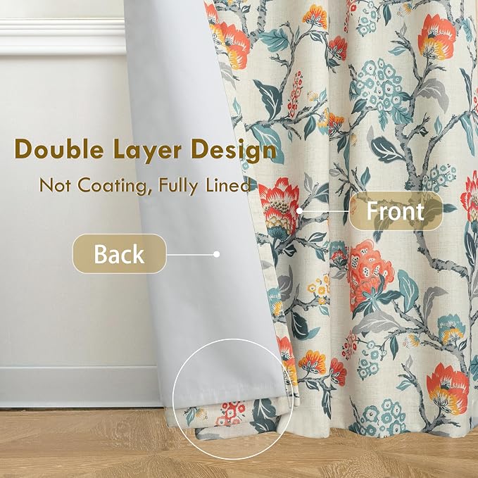 DriftAway Ada Floral Botanical Print Flower Leaf Lined Thermal Insulated Room Darkening Blackout Window Curtains 2 Layers Set of 2 Panels Each 52 Inch by 108 Inch Orange Teal Beige Linen
