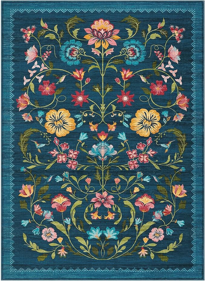 GarveeHome Washable Rug 8x10 Area Rugs for Living Room, Floral Rug for Bedroom, Soft Vintage Non Slip Throw Rugs with Rubber Back, Low Pile Stain Resistant Boho Floral Carpet for Dining Room, Blue