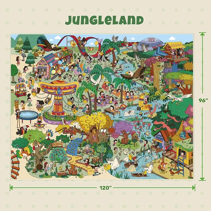 Hazo Haus Extra Large Jungle Explorer Rug 8x10 – Vibrant Cartoon Safari with Birds, Boats, Rides & Forest Scenes – Ideal for Playrooms, Classroom, Daycares, or Activity Spaces