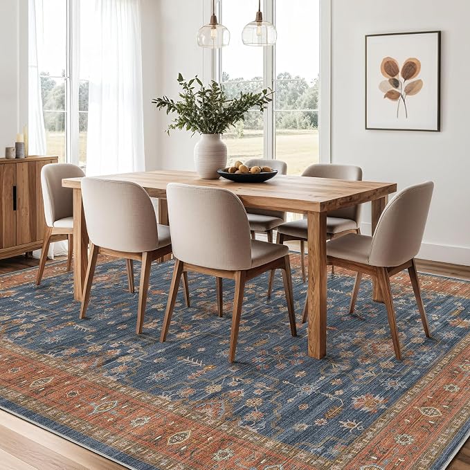 8x10 Area Rug for Living Room- Machine Washable Soft Oriental Vintage Large Indoor Floor Carpet for Bedroom Under Dining Table Home Office Decor - Blue Terracotta