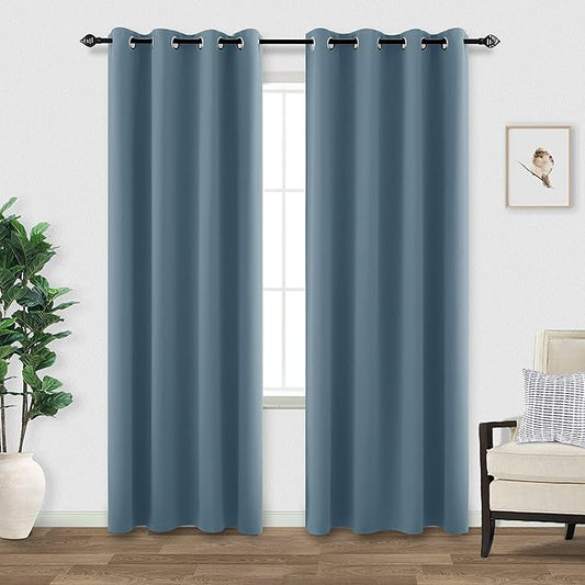 KOUFALL Slate Blue Window Treatments Curtains for Bedroom Living Room 2 Panels Set 2 Inch Grommet Holes Blackout Thick Thermal Insulated Curtains,90 Inches Long,Greyish Blue