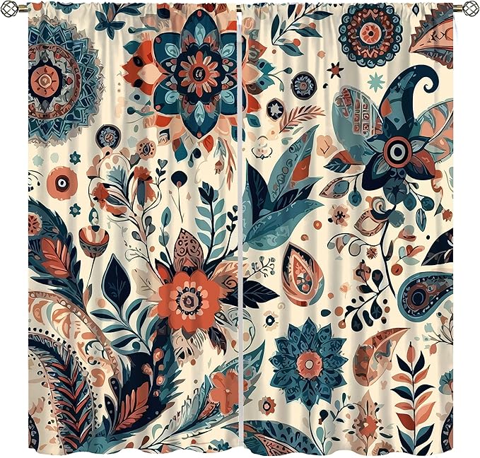 Bohemian Floral Curtains, Vintage Floral Natural Botanical Peris Pattern Window Treatments, Blackout Curtains for Bedroom Living Room63X72 Inch