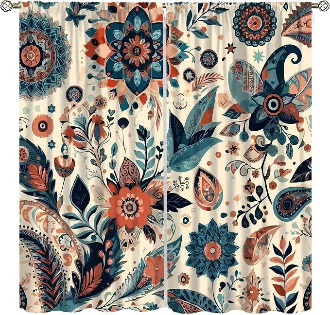 Bohemian Floral Curtains, Vintage Floral Natural Botanical Peris Pattern Window Treatments, Blackout Curtains for Bedroom Living Room55X63 Inch