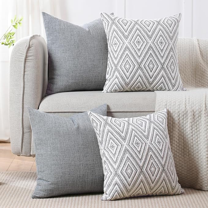 HPUK Throw Pillow Covers 20x20 Inch Set of 4, Linen Decorative Pillow Covers, Accent Cushion Covers for Couch Sofa Bed Bedroom Living Room Décor, Grey