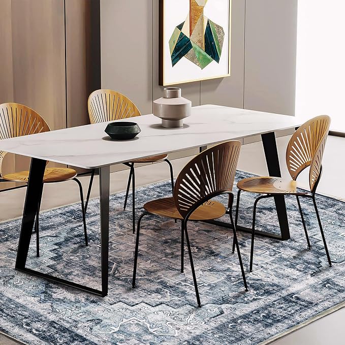CHAMPLANT 3'x5' Dark Blue Vintage Washable Thin Area Rug Traditional Floor Cover Foldable Indoor Distressed Non Slip Carpet for Bedroom Living Room Bathroom