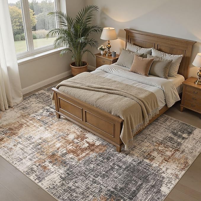 DMOYEST Area Rug Living Room Rugs - 9x12 Washable Large Soft Indoor Neutral Modern Abstract Low Pile Rug Carpet for Bedroom Dining Room Farmhouse Home Office - Grey Brown