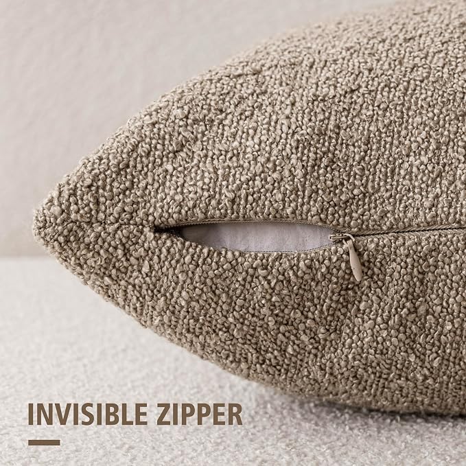 Foindtower Pack of 2, Decorative Textured Boucle Throw Pillow Covers Neutral Accent Solid Pillow Cases Soft Couch Cushion Case for Chair Sofa Bedroom Living Room Home Decor 22x22 Inch Light Khaki Tan