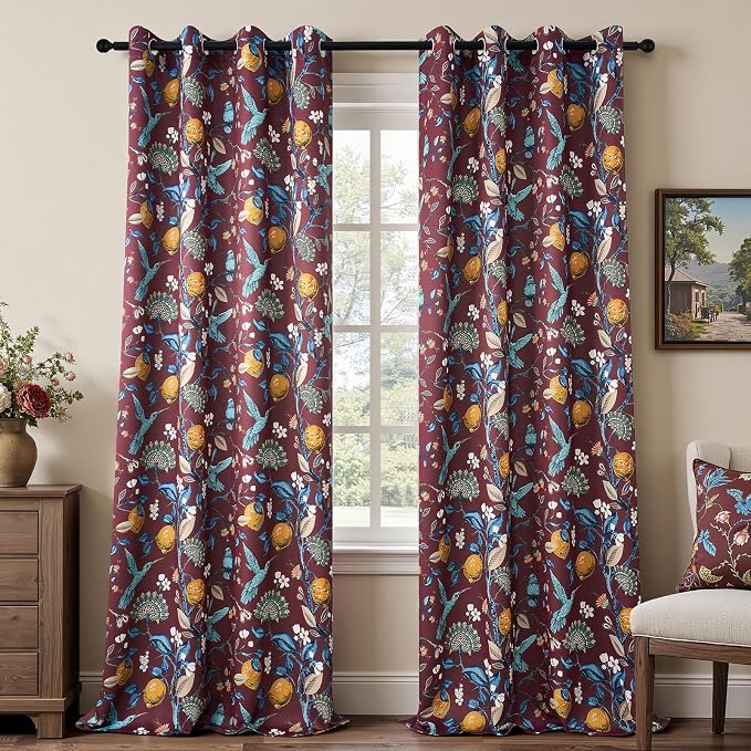 Topfinel Rust Floral Curtains 96 Inches Long 2 Panels Unique Beige Luxury Elegant Colorful Euro Flower Hummingbird Patterned Rustic Vintage Grommet Drapes for Classroom Room Office Closet